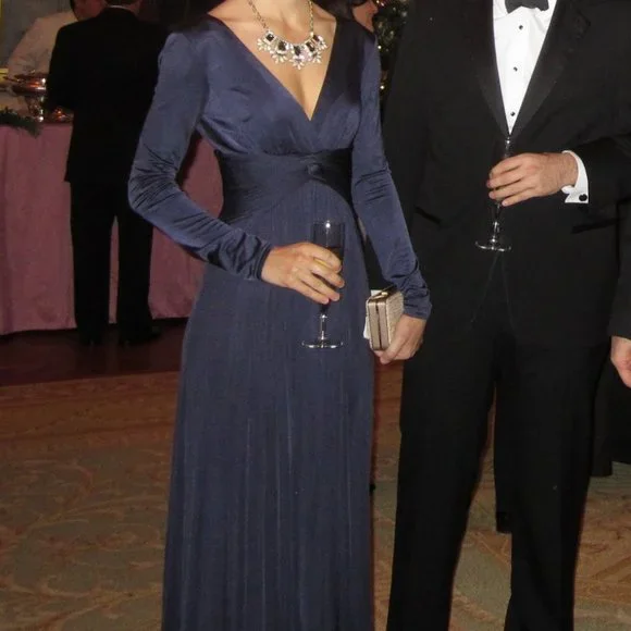 BCBGMaxAzria | Dresses | Bcbg Max Azria Navy Fulllength Long Sleeve Vneck  Gownmaxi Dress Size Xs | Poshmark